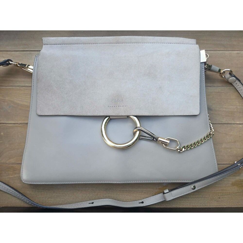 Chloé Medium Faye Shoulder Bag - Motty Gray Smooth Leather & Suede - Authentic